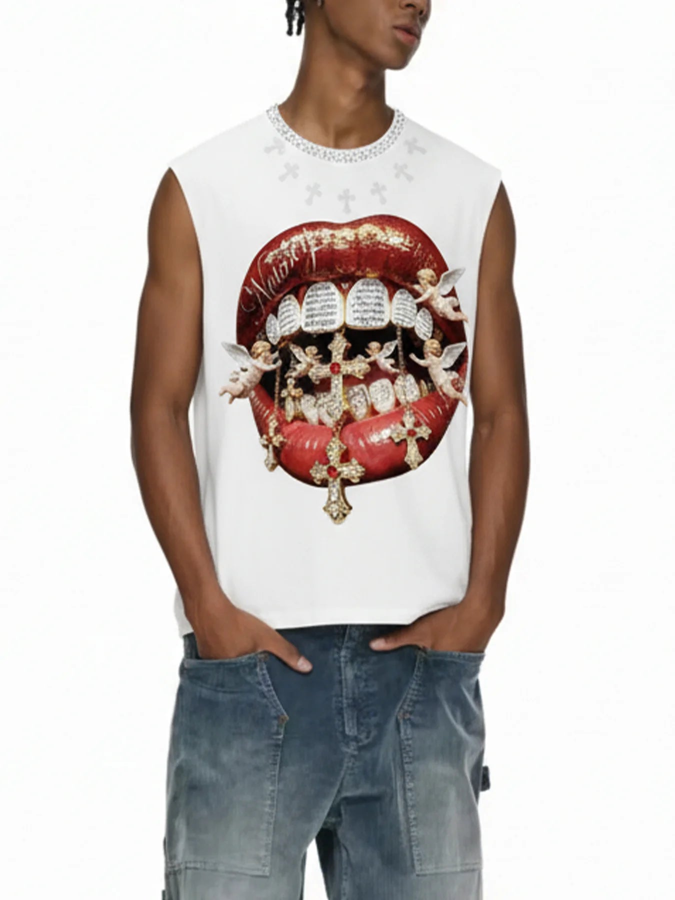 T-SHIRT CANOTTA  CROPPED OVER NOISSEY BIANCO BOCCA DIAMOND