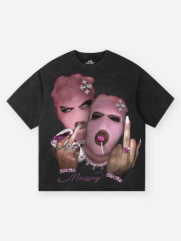 T-SHIRT  OVERSIZE  NERO LAVATA  CON STAPA PASSAMONTAGNA ROSA -  NOISSEY