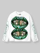T-SHIRT LONG SLEEVE DOUBLE GREEN GLITTER LIPS BOCCA