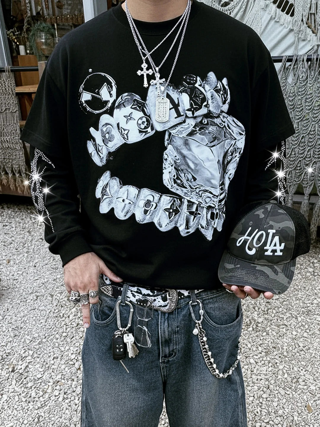 T-SHIRT NOISSEY LONG SLEEVE  DOPPIA MAGLIA ART BOCCA DIAMANTE