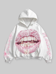 FELPA CON CAPPUCCIO SQUADRATA ZIP E STAMPA BOCCA PIZZO
