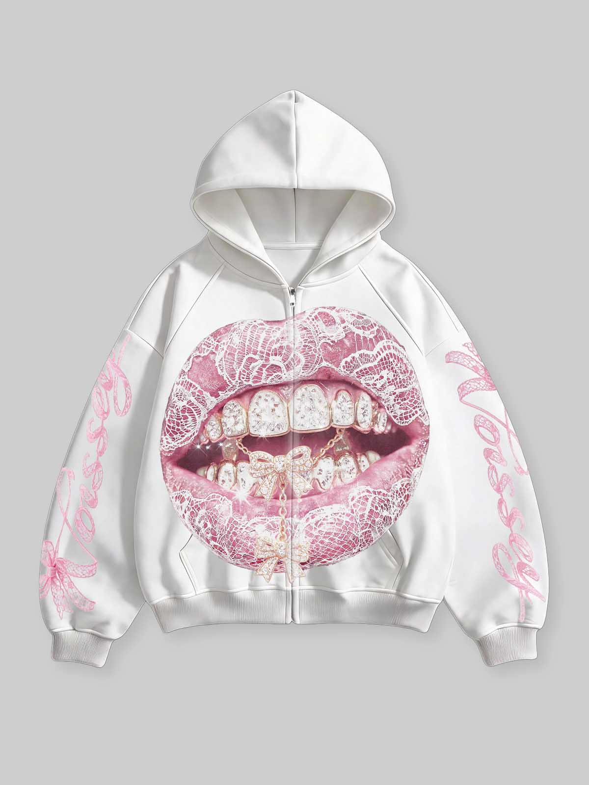 FELPA CON CAPPUCCIO SQUADRATA ZIP E STAMPA BOCCA PIZZO
