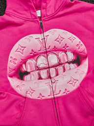 FELPA  PINK CON CAPPUCCIO ZIP STAMPA. "LEATHER CAT'S EYE"   - NOISSEY