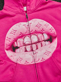 FELPA  PINK CON CAPPUCCIO ZIP STAMPA. "LEATHER CAT'S EYE"   - NOISSEY