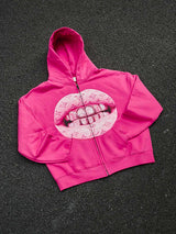 FELPA  PINK CON CAPPUCCIO ZIP STAMPA. "LEATHER CAT'S EYE"   - NOISSEY