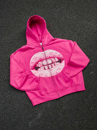 FELPA  PINK CON CAPPUCCIO ZIP STAMPA. "LEATHER CAT'S EYE"   - NOISSEY