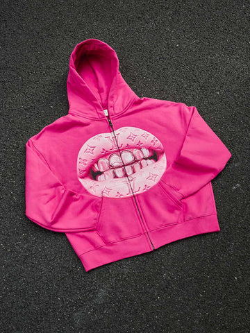 FELPA  PINK CON CAPPUCCIO ZIP STAMPA. "LEATHER CAT'S EYE"   - NOISSEY