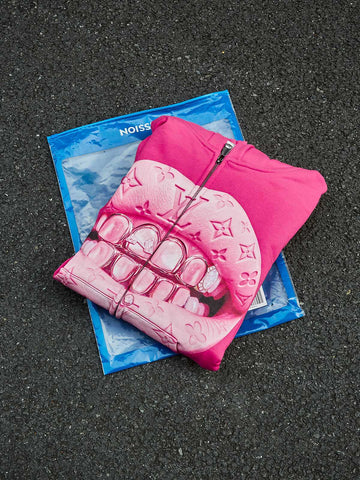 FELPA  PINK CON CAPPUCCIO ZIP STAMPA. "LEATHER CAT'S EYE"   - NOISSEY