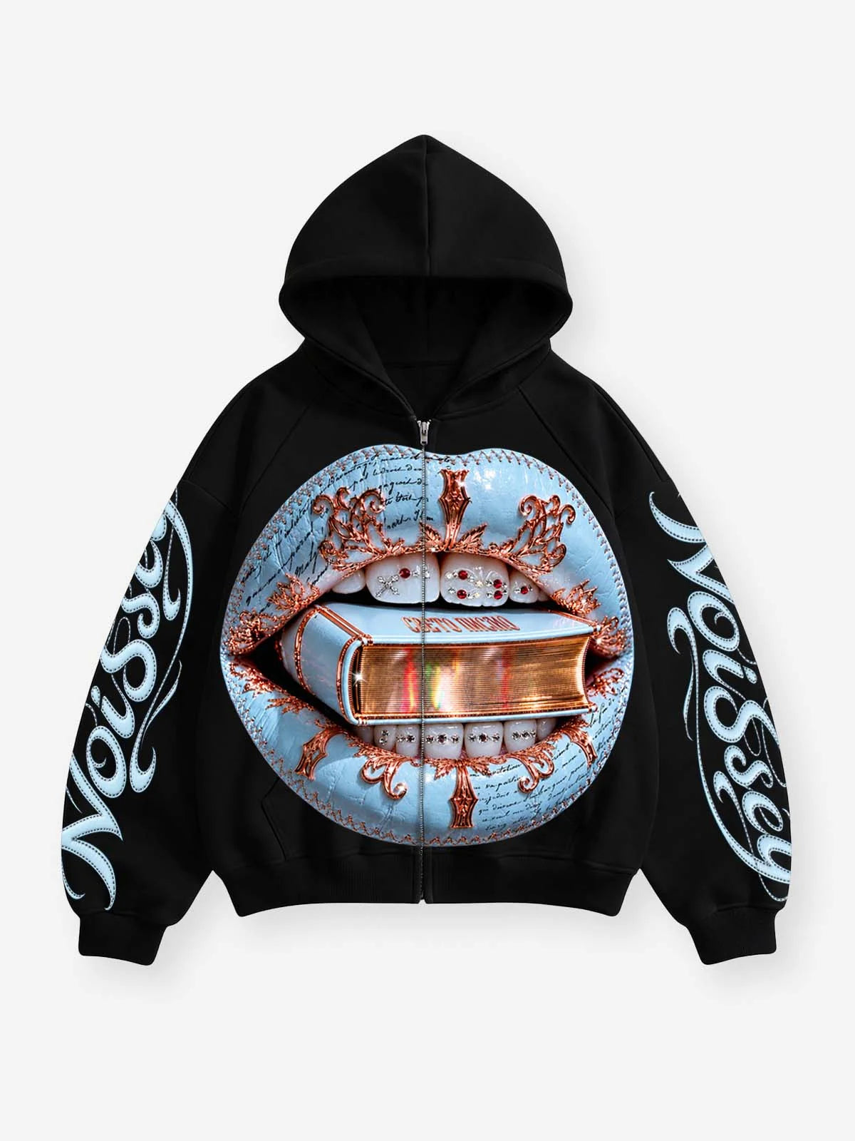 FELPA CON CAPPUCCIO SQUADRATA ZIP E STAMPA BOCCA LIBRO