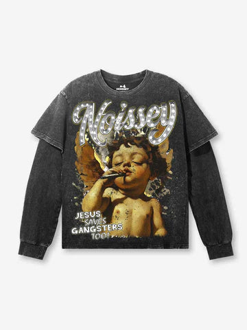 T-SHIRT MANICA LUNGA  VINTAGE LITTLE ANGEL NERA LAVATA  - NOISSEY