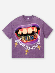 T-SHIRT CON STAMPA BOCCA E CROCI  GRILLS PURPLE WASHED PRINT  - NOISSEY