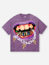 T-SHIRT CON STAMPA BOCCA E CROCI  GRILLS PURPLE WASHED PRINT  - NOISSEY