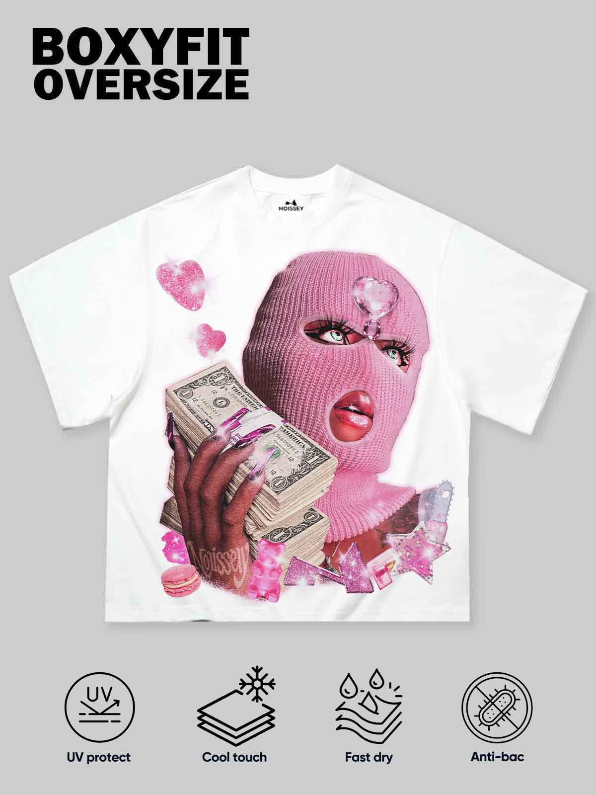 T-SHIRT NOISSEY WHITE BOXYFIT ART PASSAMONTAGNE GIRL PINK