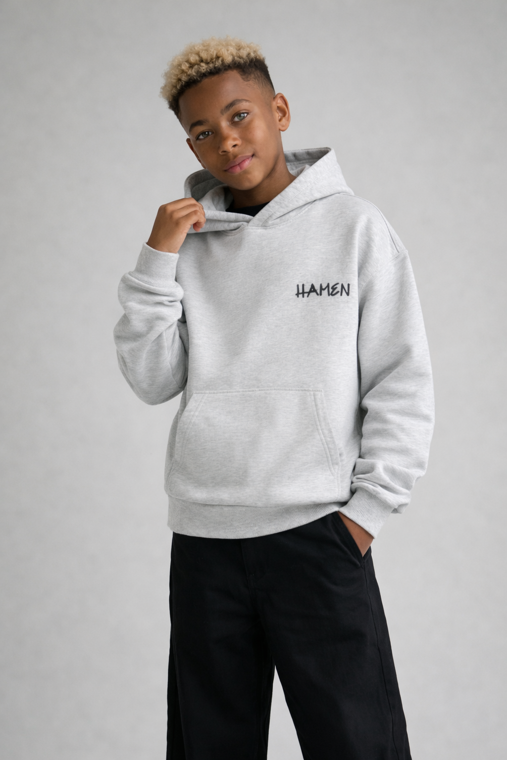 FELPA OVER BAMBINO  BOXY CON CAPPUCCIO BASICA LOGO - HAMEN - ART. LOGO.H