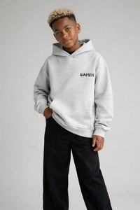 FELPA OVER BAMBINO  BOXY CON CAPPUCCIO BASICA LOGO - HAMEN - ART. LOGO.H