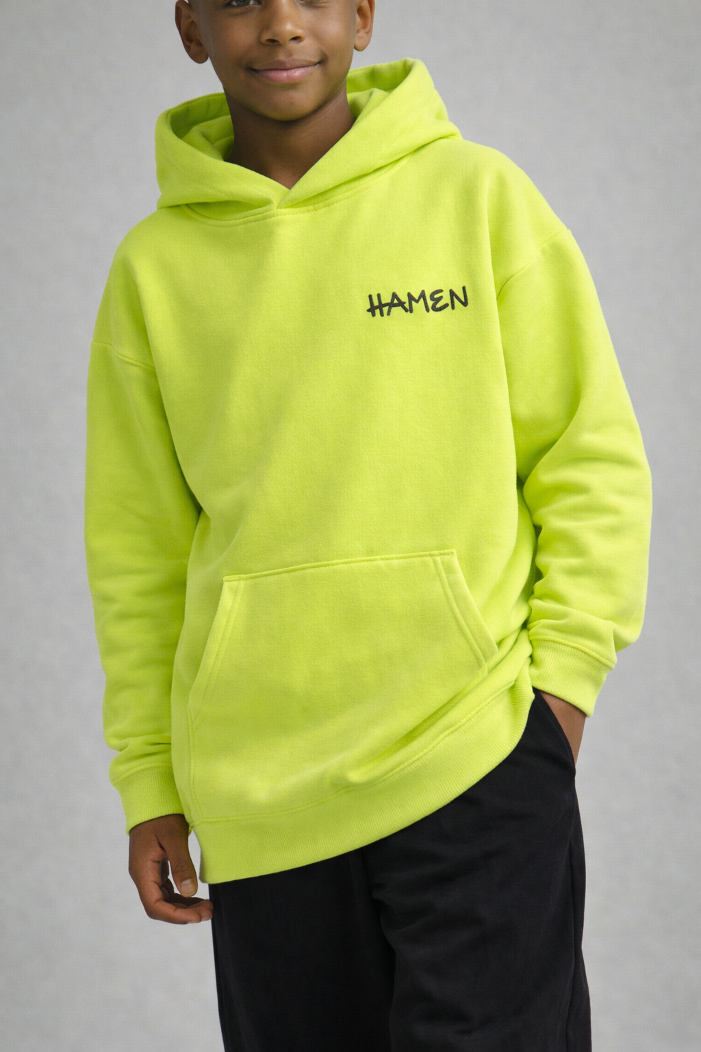 FELPA OVER BAMBINO  BOXY CON CAPPUCCIO BASICA LOGO - HAMEN - ART. LOGO.H