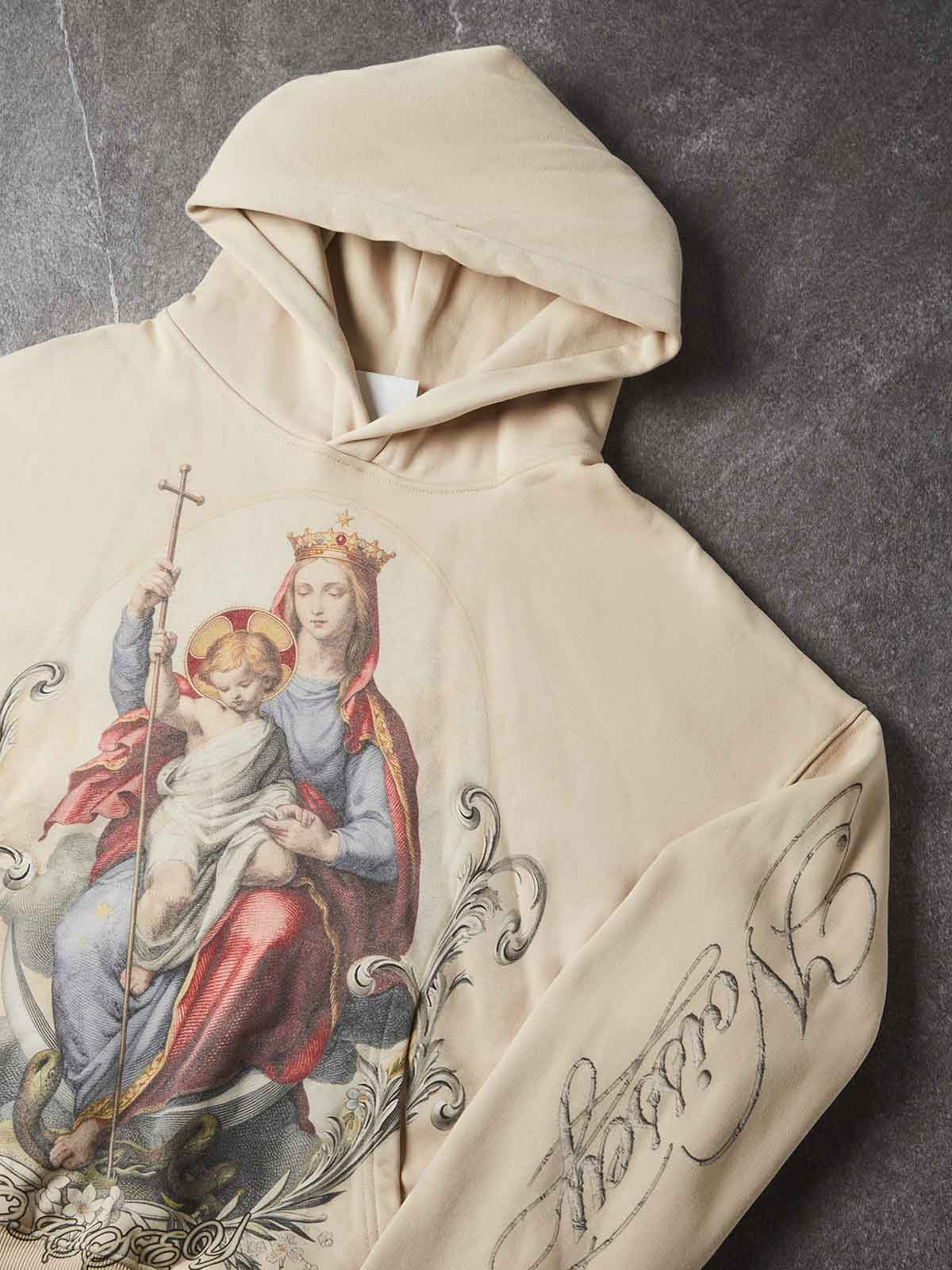 FELPA NOISSEY CON CAPPUCCIO BEIGE BOXY OVERSIZE STAMPA VIRGIN & CHILD