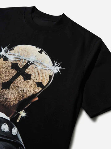 T-SHIRT OVERSIZE NERO CON STAMPA CORONA DI SPINE DI DIAMANTI   - NOISSEY
