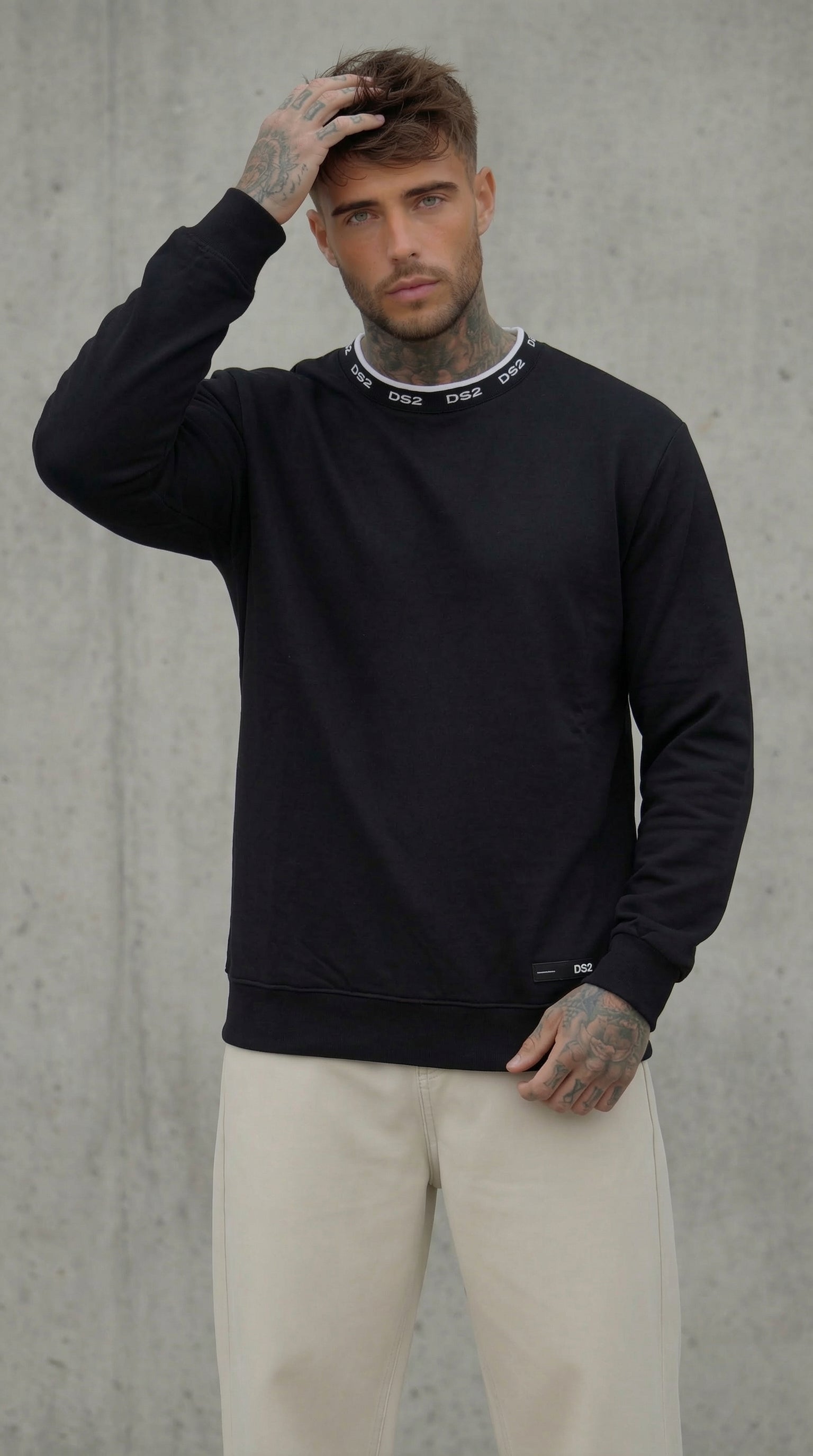 FELPA GIROCOLLO  NERO BIANCO COLLO IN MAGLIA LOGATO  - DS2 - ART. SS26303