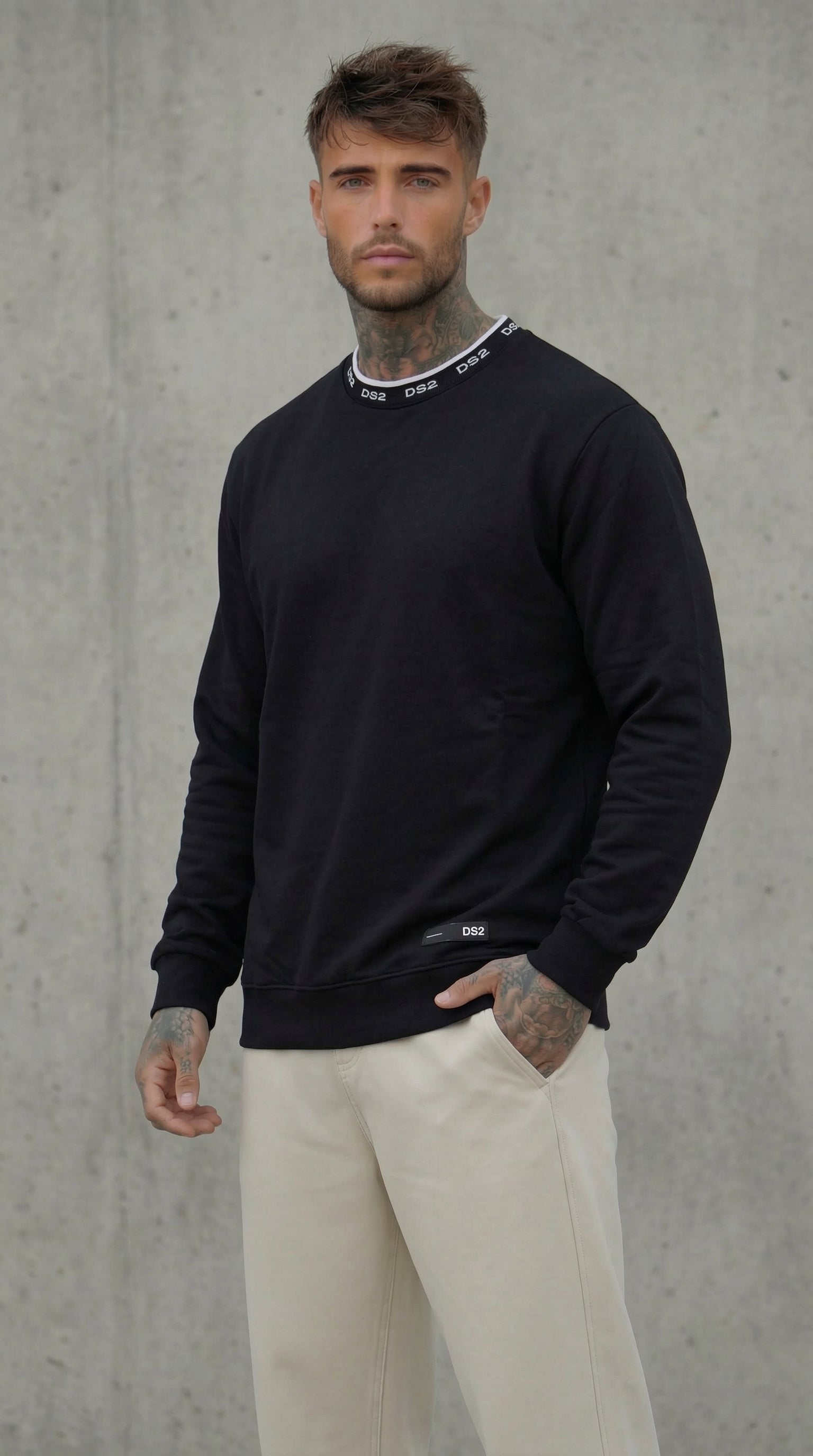 FELPA GIROCOLLO  NERO BIANCO COLLO IN MAGLIA LOGATO  - DS2 - ART. SS26303