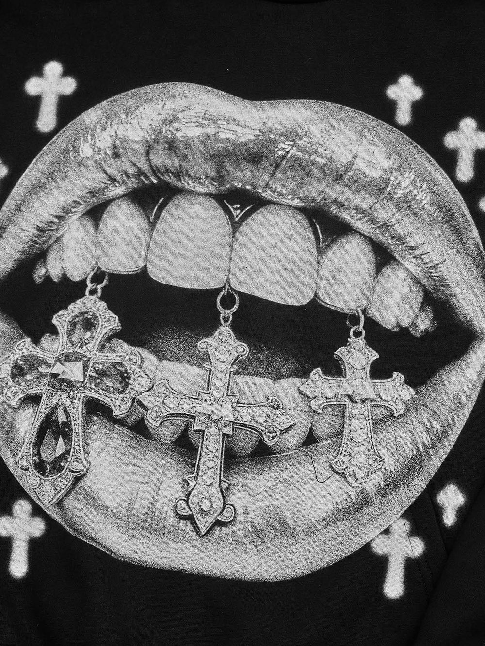 FELPA CON CAPPUCCIO  NERO STAMPA BOCCA CROCE GHIACCIATA - NOISSEY