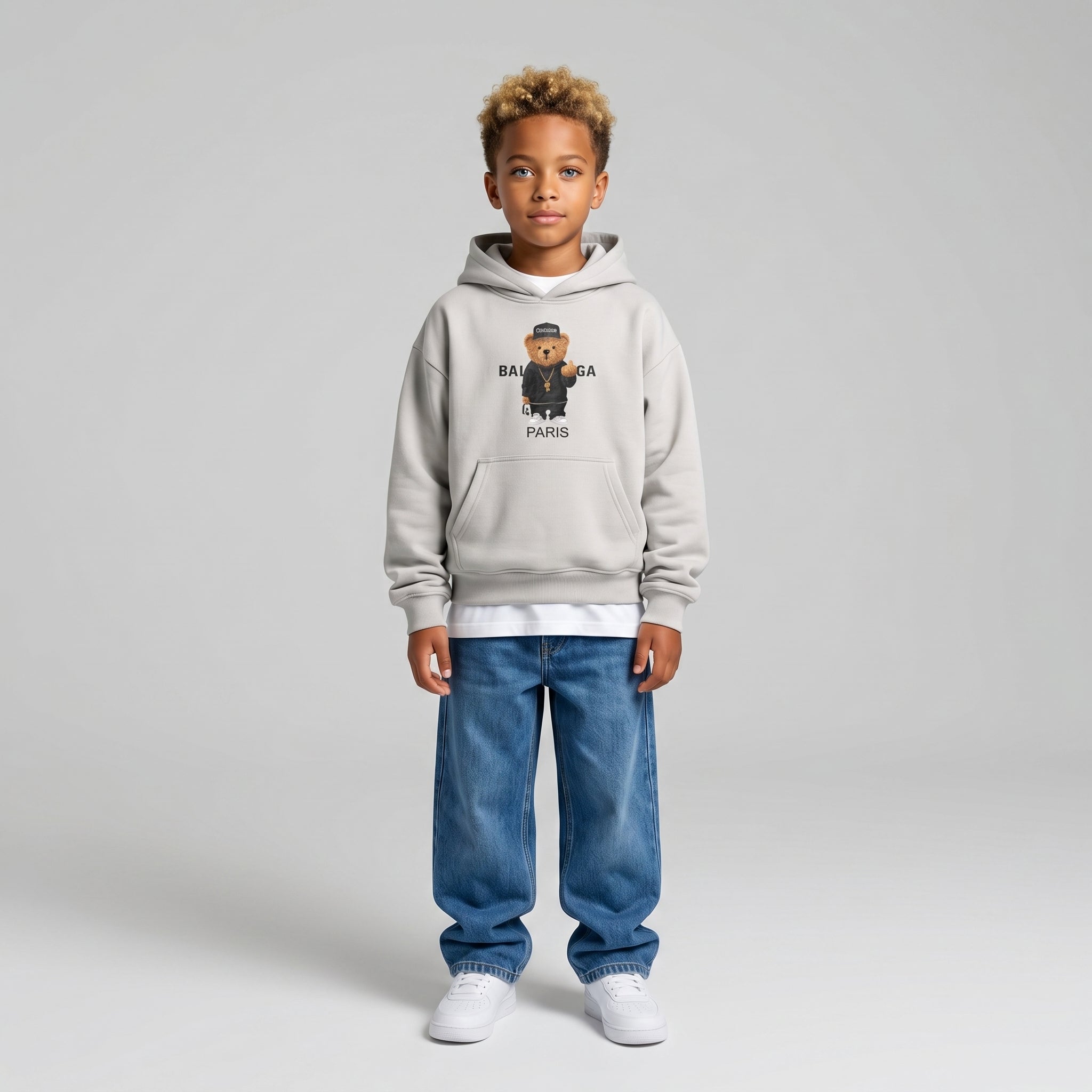 FELPA OVER BAMBINO CON CAPPUCCIO BOXY FIT OVER -  ORSO  PIU' COLORI - HAMEN