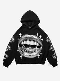 FELPA CON CAPPUCCIO  NERO STAMPA BOCCA CROCE GHIACCIATA - NOISSEY