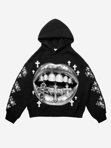 FELPA CON CAPPUCCIO  NERO STAMPA BOCCA CROCE GHIACCIATA - NOISSEY