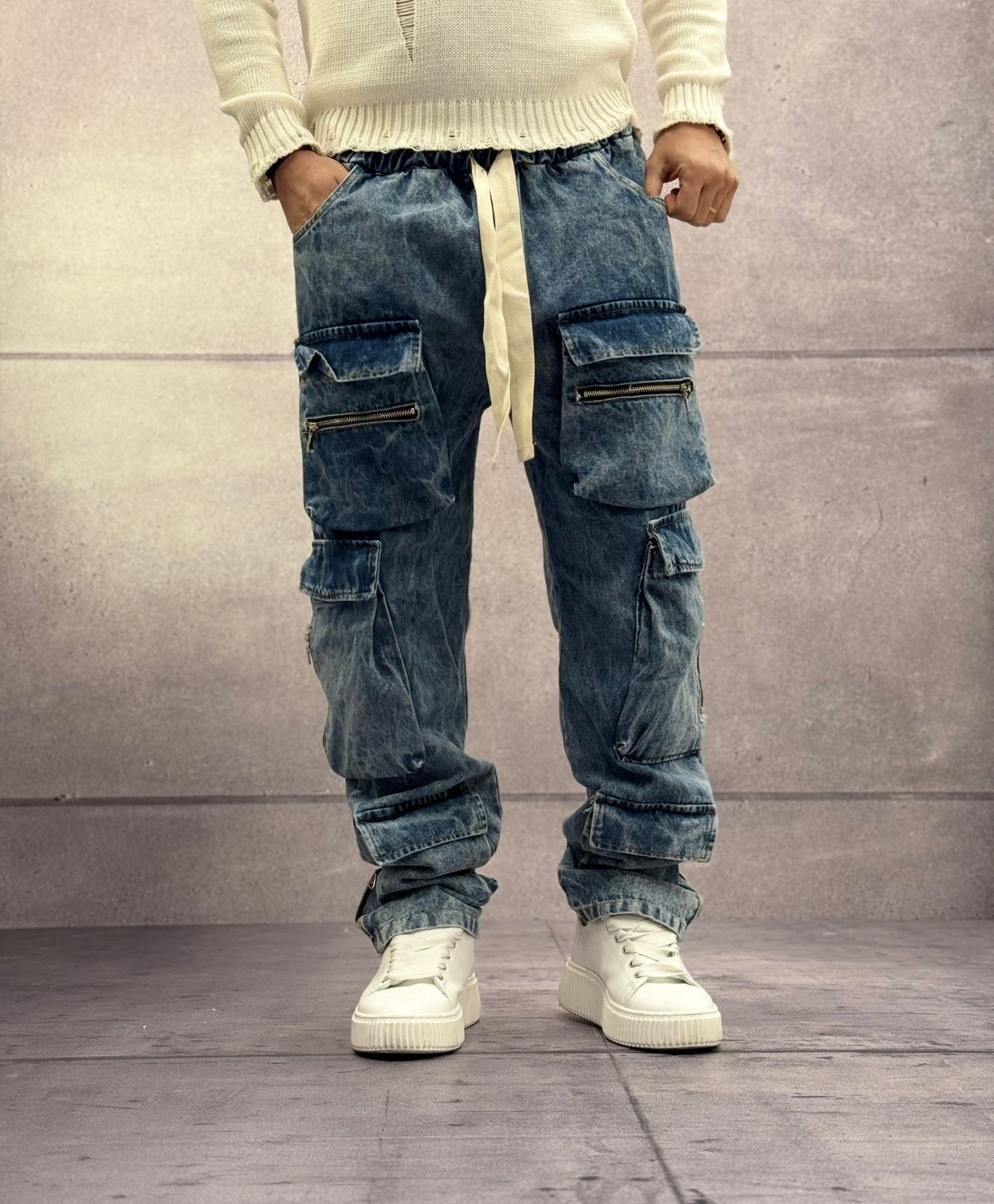 JEANS CARGO ELASTICO IN VITA - NEW JOB BRAND - ART. MARMO - COL. DENIM