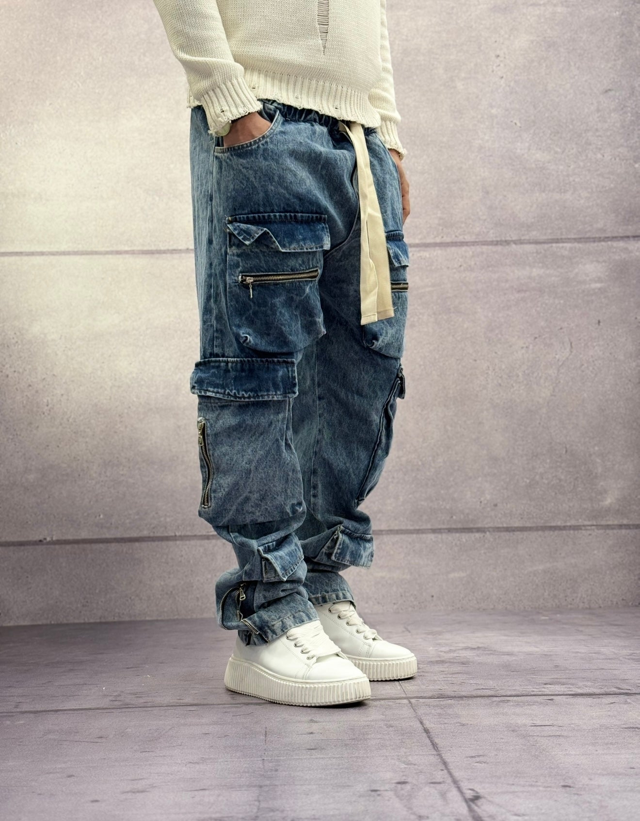 JEANS CARGO ELASTICO IN VITA - NEW JOB BRAND - ART. MARMO - COL. DENIM