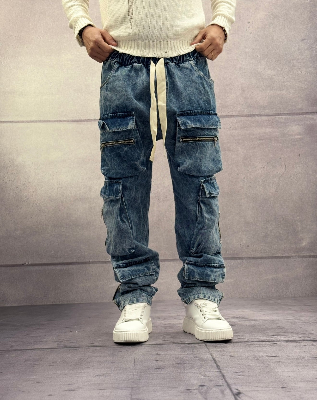 JEANS CARGO ELASTICO IN VITA - NEW JOB BRAND - ART. MARMO - COL. DENIM