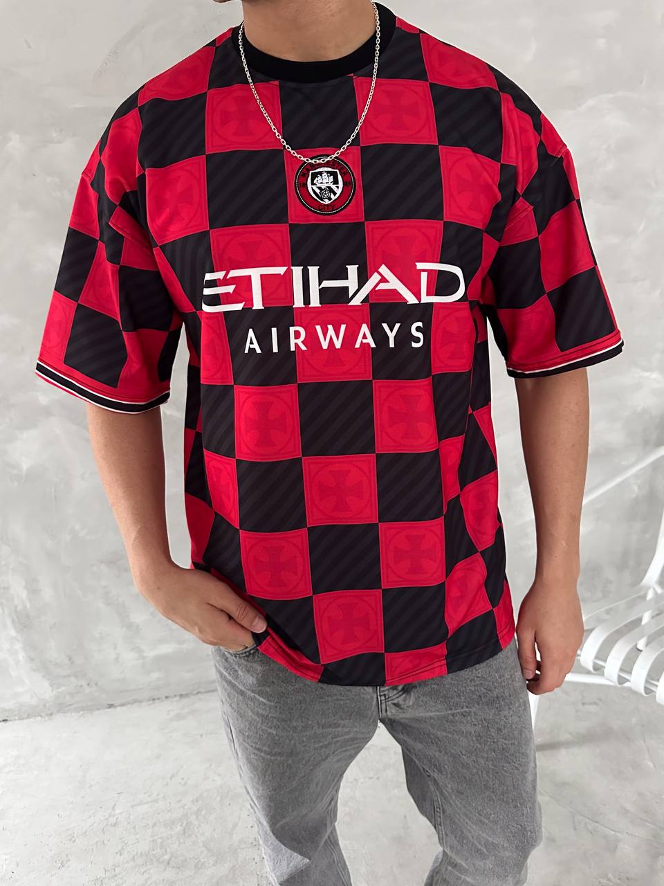 T-SHIRT SCACCHI VINTAGE - HAMEN - ART. MANCHESTER CITY - COL. ROSSO / NERO