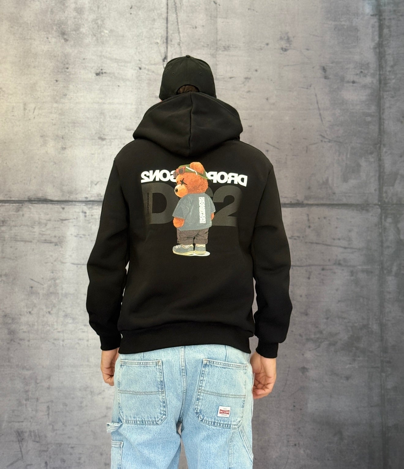 FELPA CON CAPPUCCIO + ZIP STAMPA ORSO - DS2 - ART. FW25277 - COL. NERO