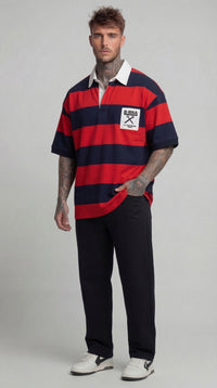 FELPA POLO ROSSO BLU UOMO RUGBY CON MAXI RIGHE RELAXED FIT - BERNA - ART. 261247-30