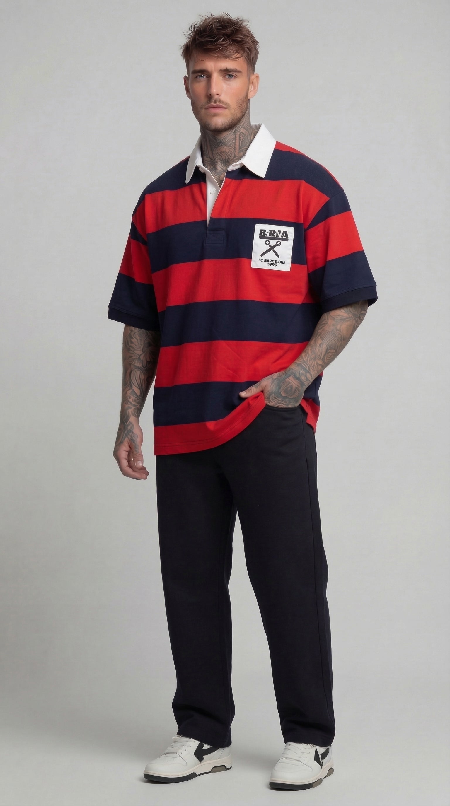FELPA POLO ROSSO BLU UOMO RUGBY CON MAXI RIGHE RELAXED FIT - BERNA - ART. 261247-30
