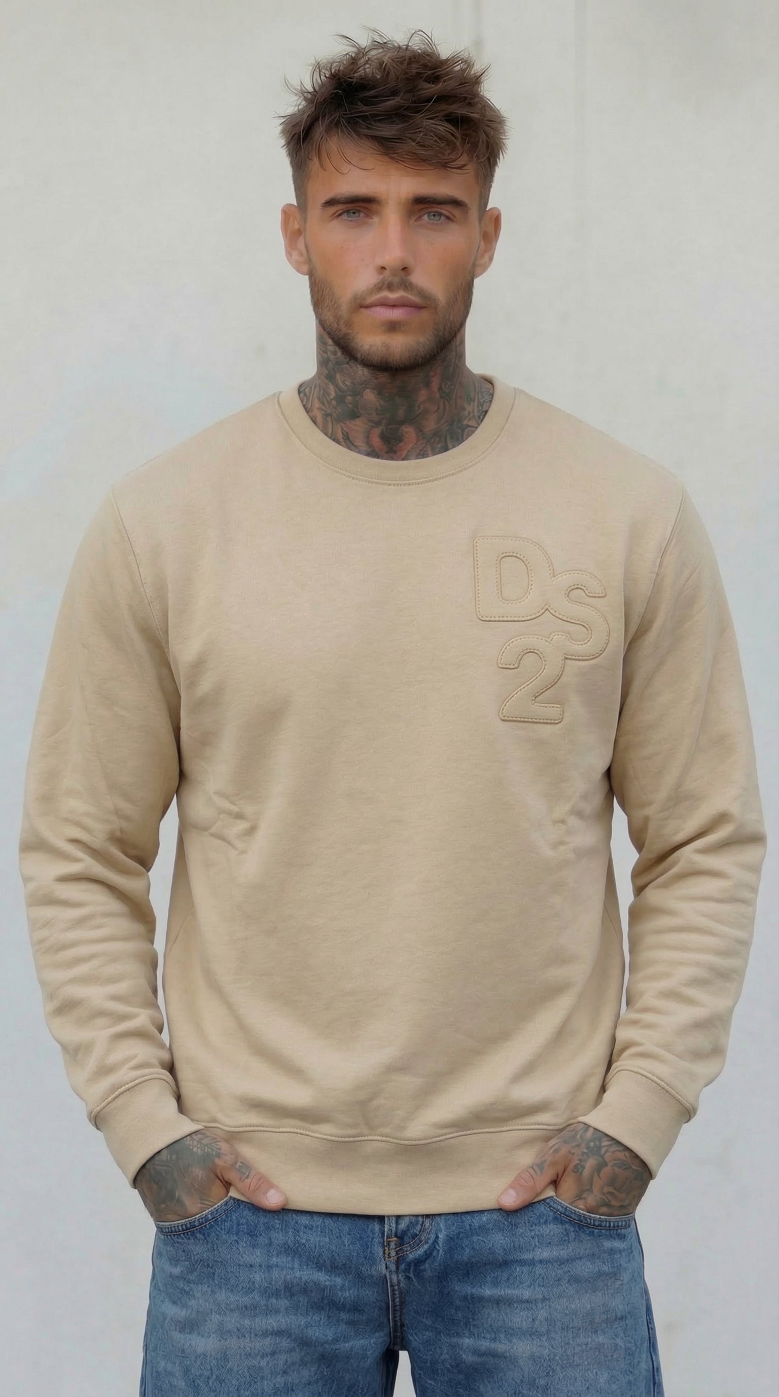 FELPA GIROCOLLO GRIGIO SABBIA CON LOGO TONO SU TONO   - DS2 - ART. SS26228