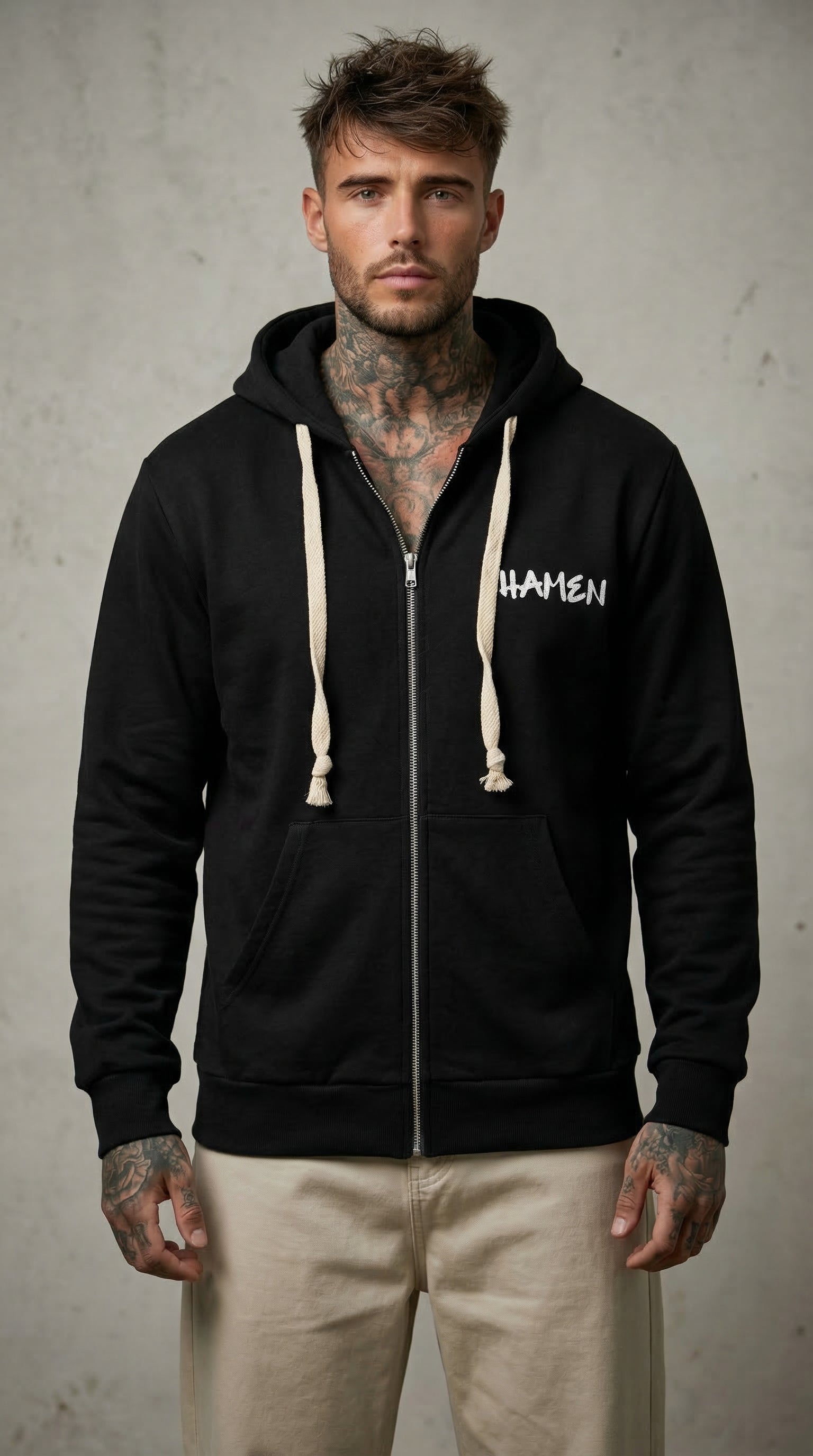 FELPA UOMO  ZIP CON CAPPUCCIO BASICA LOGO - HAMEN - ART. LOGO H