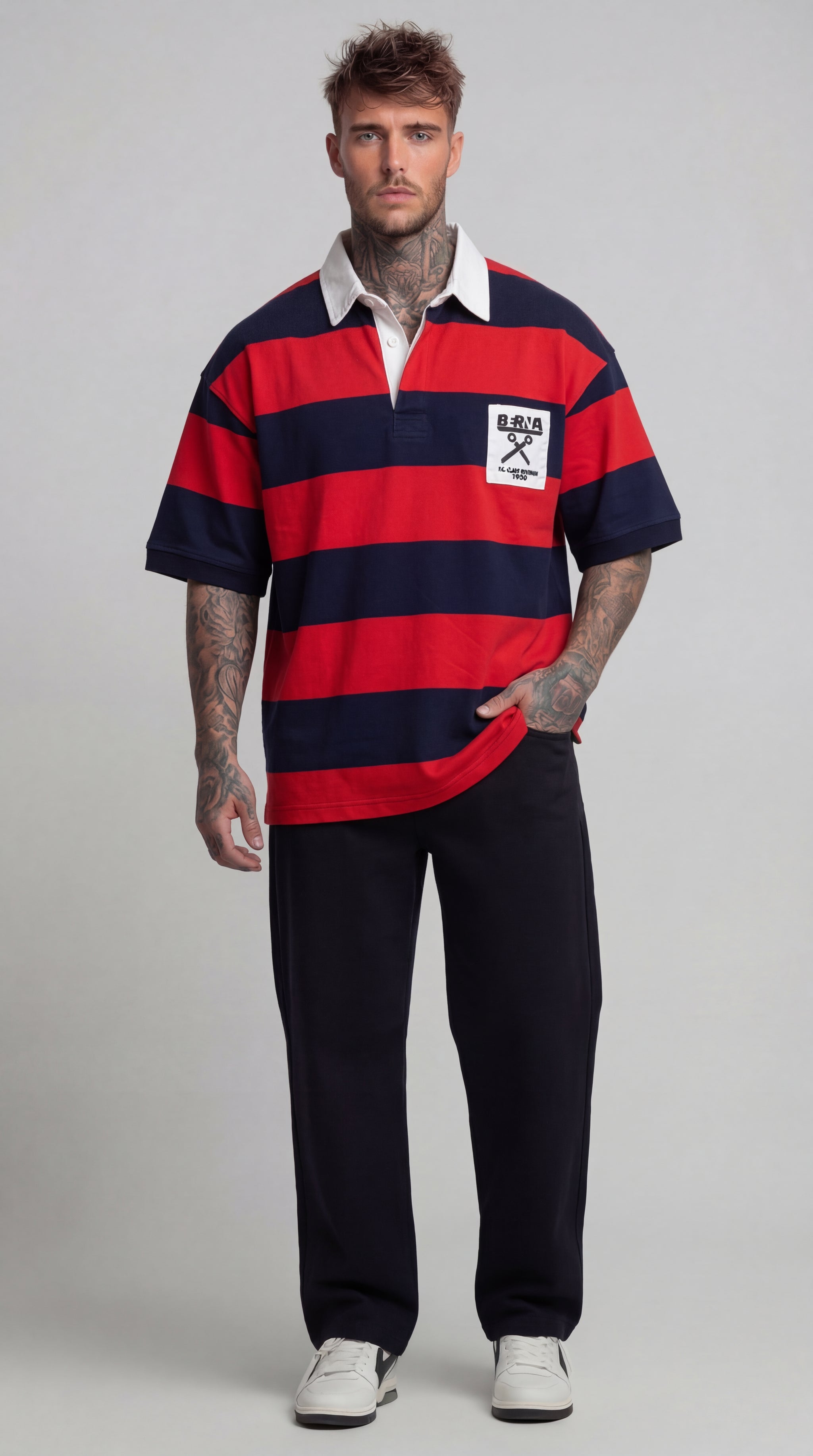 FELPA POLO ROSSO BLU UOMO RUGBY CON MAXI RIGHE RELAXED FIT - BERNA - ART. 261247-30