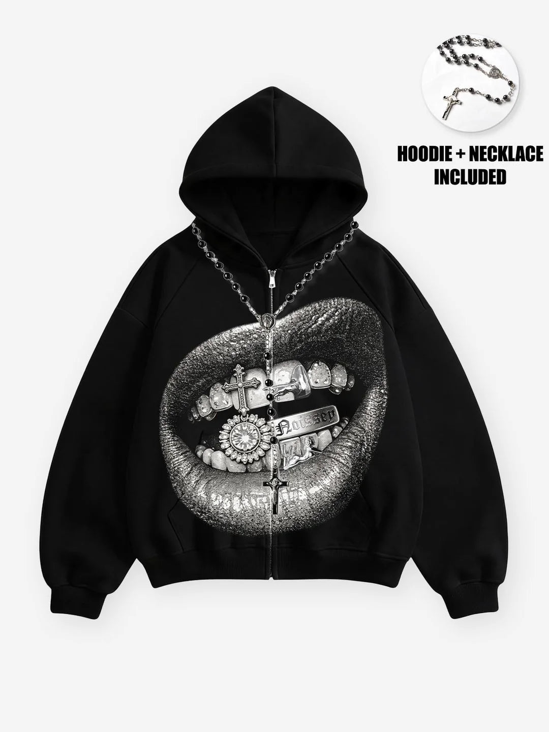 FELPA CON CAPPUCCIO E ZIP BLACK  BOXY CROCE BOCCA