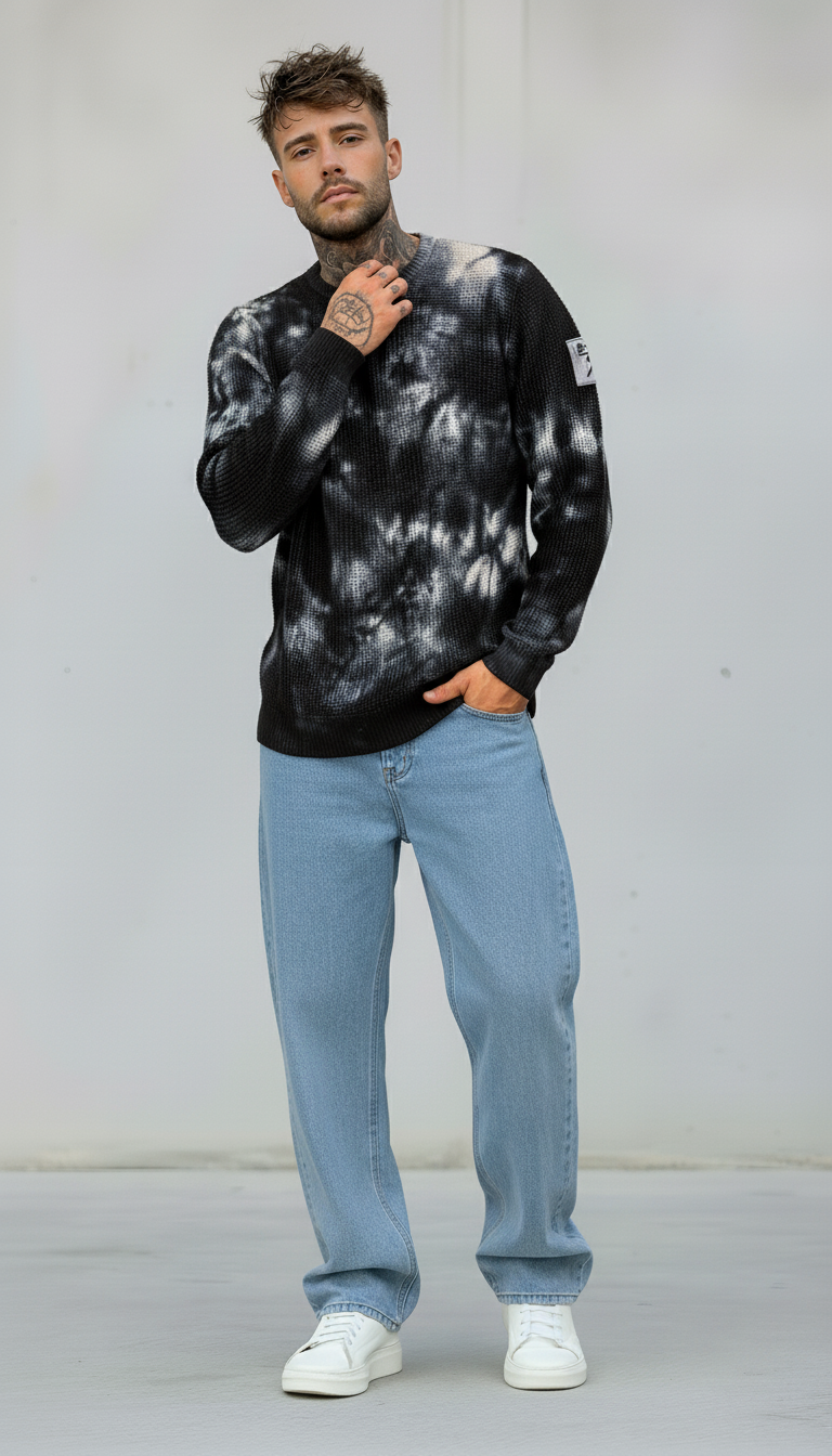 MAGLIA GIROCOLLO TINTO MACCHIE TIE DYE - BERNA - *ART. 2432021 - COL. NERO