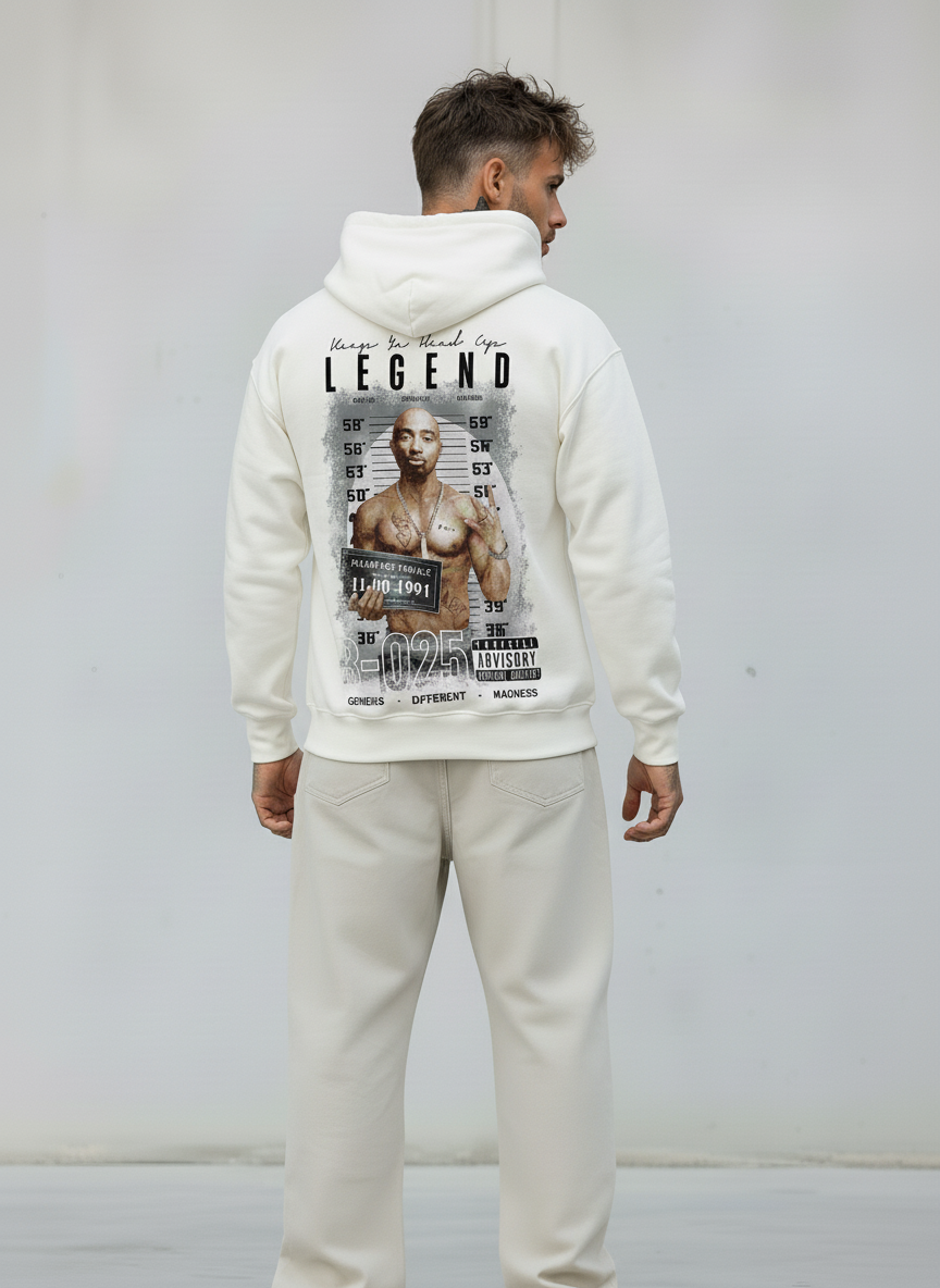 FELPA CON CAPPUCCIO LEGEND TUPAC - B.U. - ART. W25 / H - 35 COL BIANCO