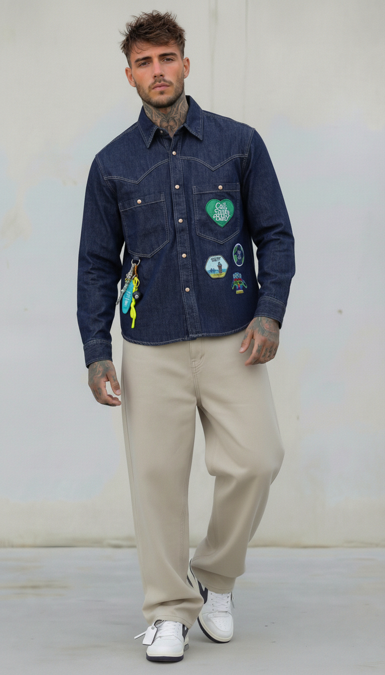 CAMICIA UOMO  DI JEANS LAVAGGIO SCURO CON PATCH- BERNA - ART. 261228 -30