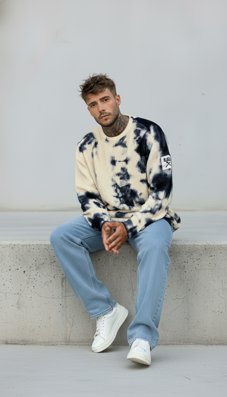 MAGLIA GIROCOLLO TINTO MACCHIE TIE DYE - BERNA - *ART. 2432023 - COL. BLU