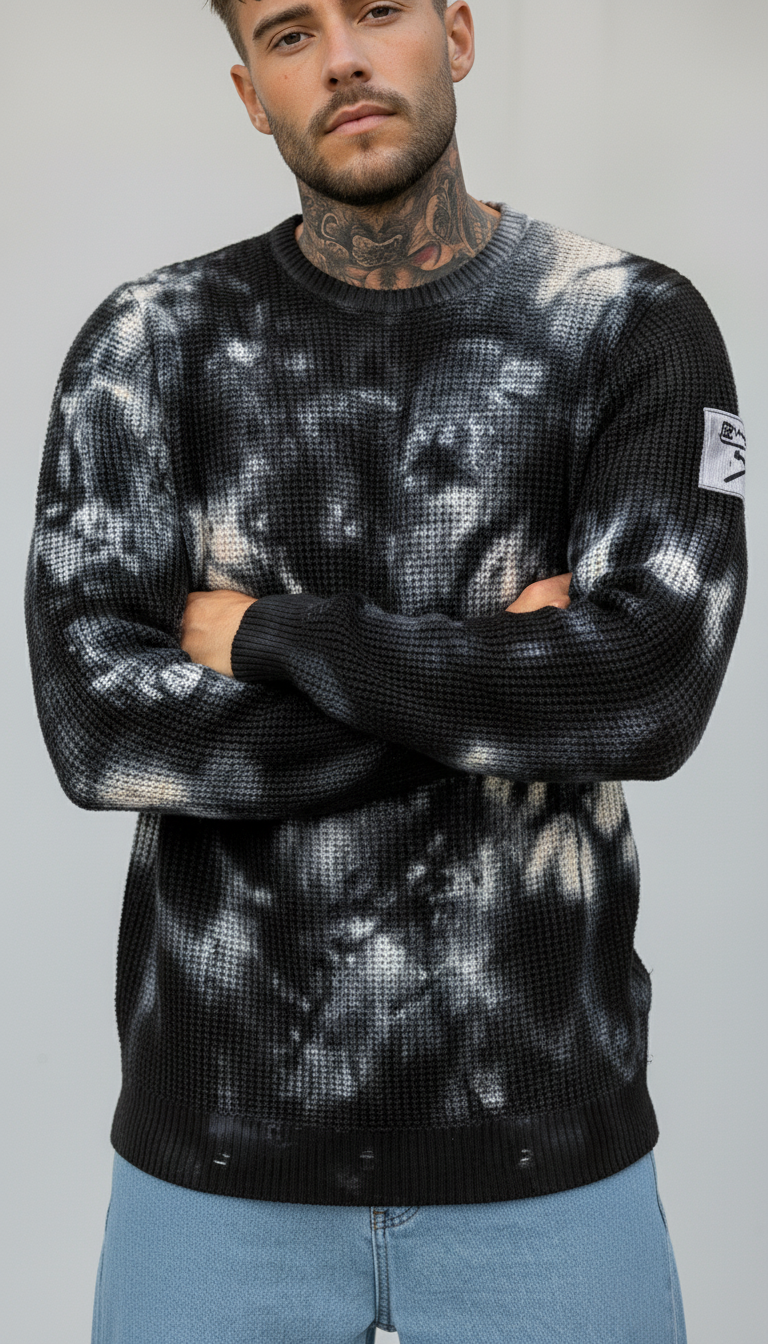 MAGLIA GIROCOLLO TINTO MACCHIE TIE DYE - BERNA - *ART. 2432021 - COL. NERO