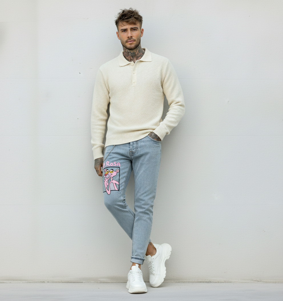 JEANS - HAMEN - DIPINTO A MANO -  ART. PANTERA ROSA