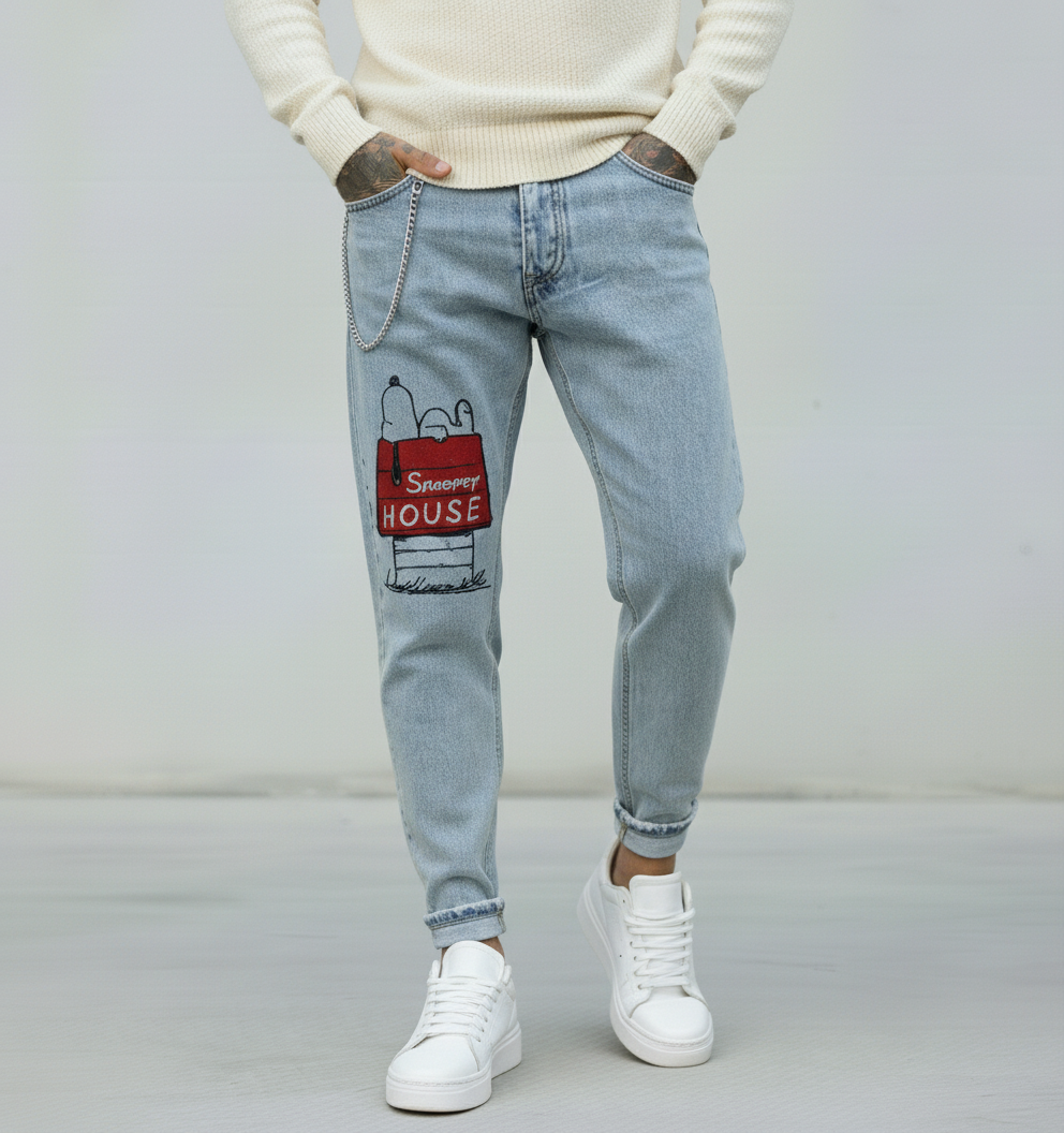 JEANS - HAMEN - DIPINTO A MANO -  ART. SNOOPY HOUSE