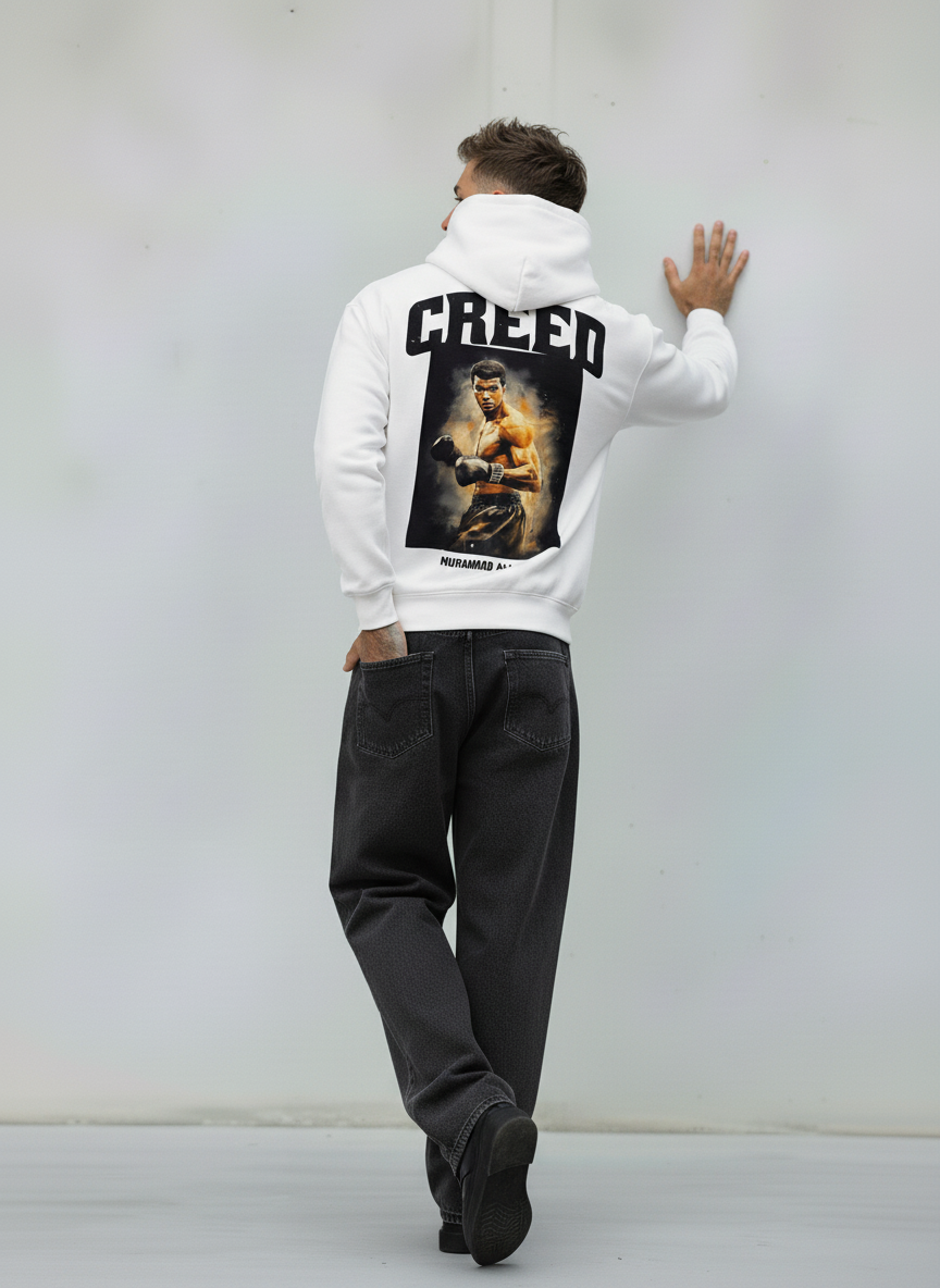 FELPA CON CAPPUCCIO MUHAMMAD ALI - E. - ART. CREED - COL. BIANCO