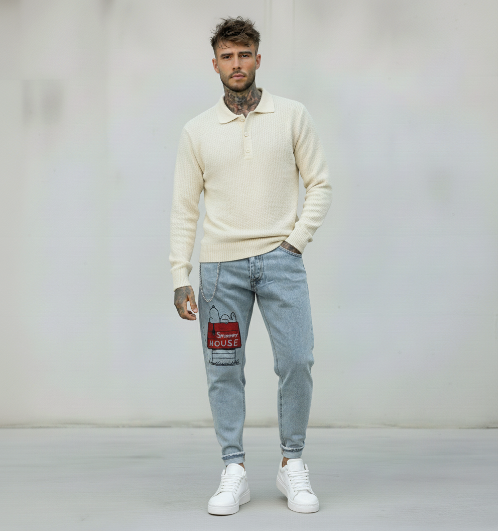 JEANS - HAMEN - DIPINTO A MANO -  ART. SNOOPY HOUSE