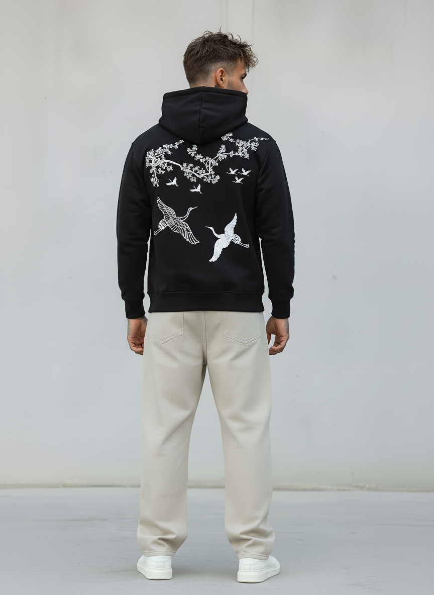 FELPA CON CAPPUCCIO STAMPA RICAMO - E. - ART. CIGNO - NERO