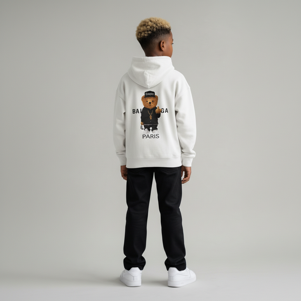 FELPA OVER BAMBINO CON CAPPUCCIO BOXY FIT OVER -  ORSO  PIU' COLORI - HAMEN